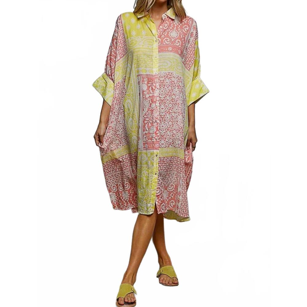 NEW POL half sleeve printed oversized shirt dress in lemon multi
